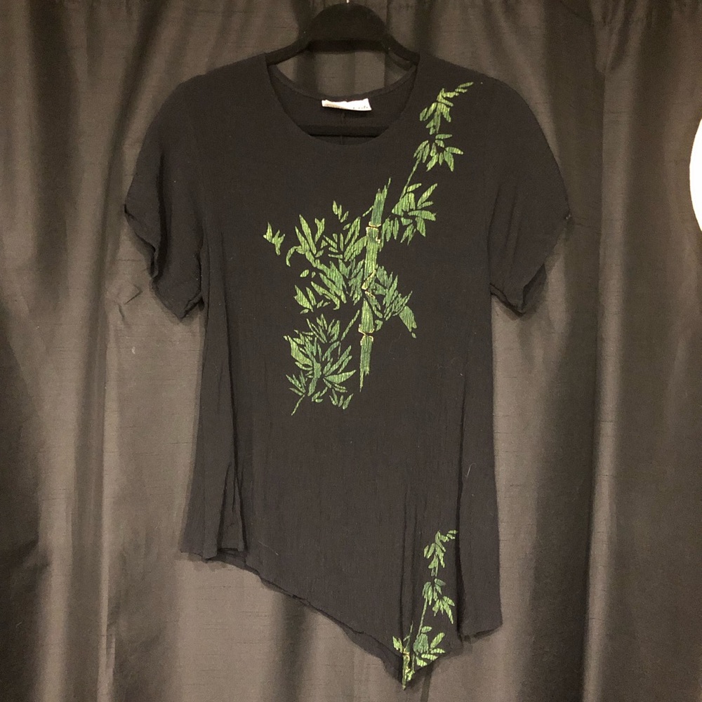 Crazy Fish soft black green bamboo design top.